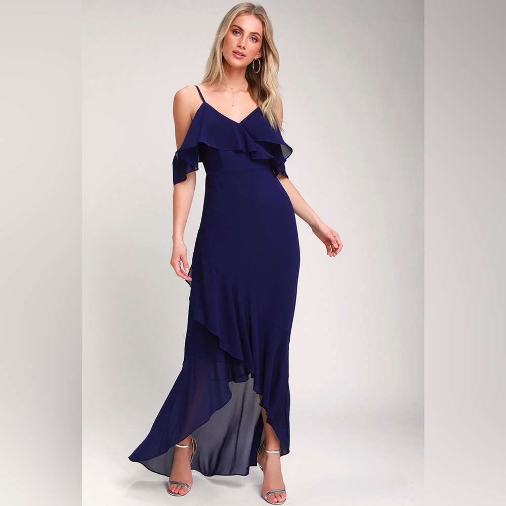 Lulus Caden Royal Blue Off-the-Shoulder Ruffled Maxi Dress